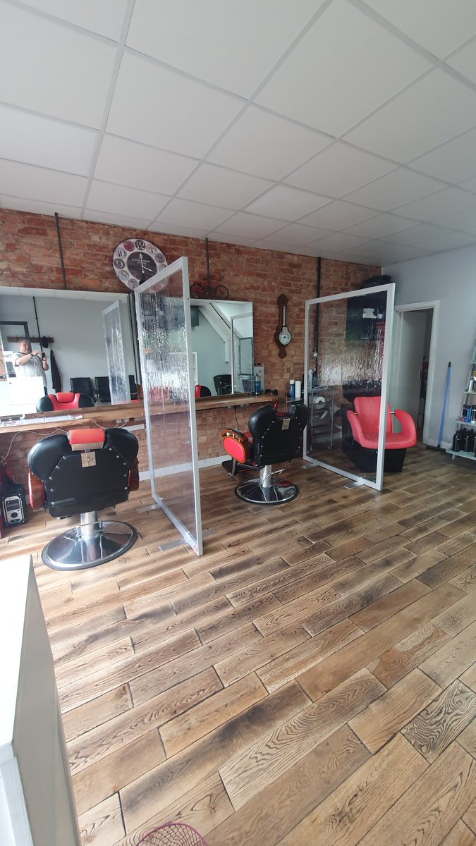 Social distancing measures installed in readiness for reopening by <a href="/abrasoundlight/">Abracadabra</a> for Nats Barbers