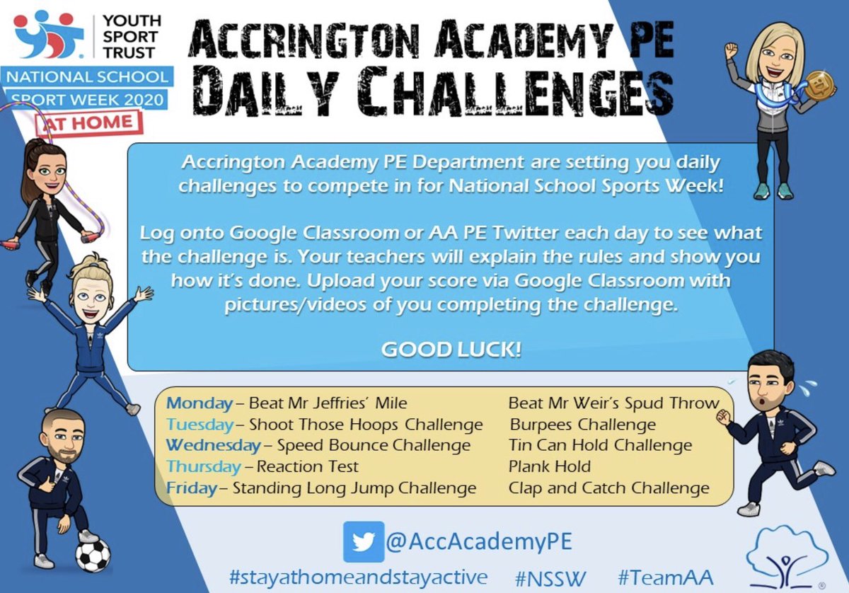AccAcademyPE's tweet photo. NATIONAL SCHOOL SPORTS WEEK IS COMING! Get ready for some exciting challenges coming your way next week! Keep your eyes on google classroom and Twitter for more information. Can you beat Team AA?! #TeamAA #NSSW #stayathomeandstayactive https://t.co/HB3X0wsTiZ