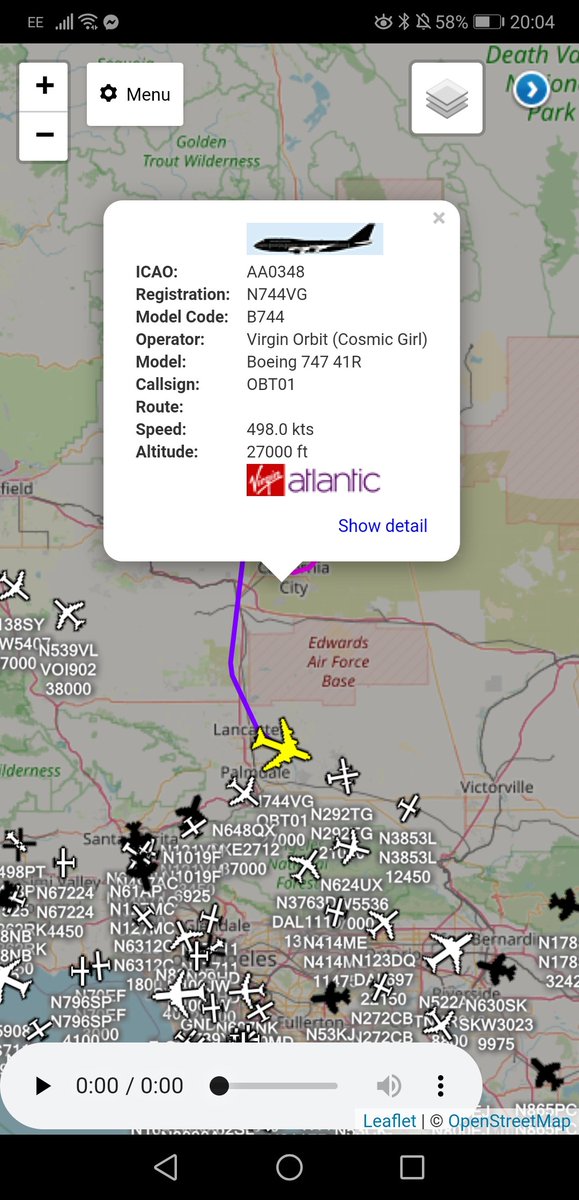 freedar_uk's tweet photo. Virgin Orbit - #Boeing 747 41R - #N744VG (Cosmic Girl) - #OBT01

Took Off From Mojave Air &amp; Space Port, #California 🇺🇸

N744VG Was Purchased By Virgin Galactic In 2015 &amp; Is To Be Used As The 1st Stage Launch Platform For The Air Launch Of Orbital Launch Vehicle - #LauncherOne https://t.co/pLhfvIWbKN