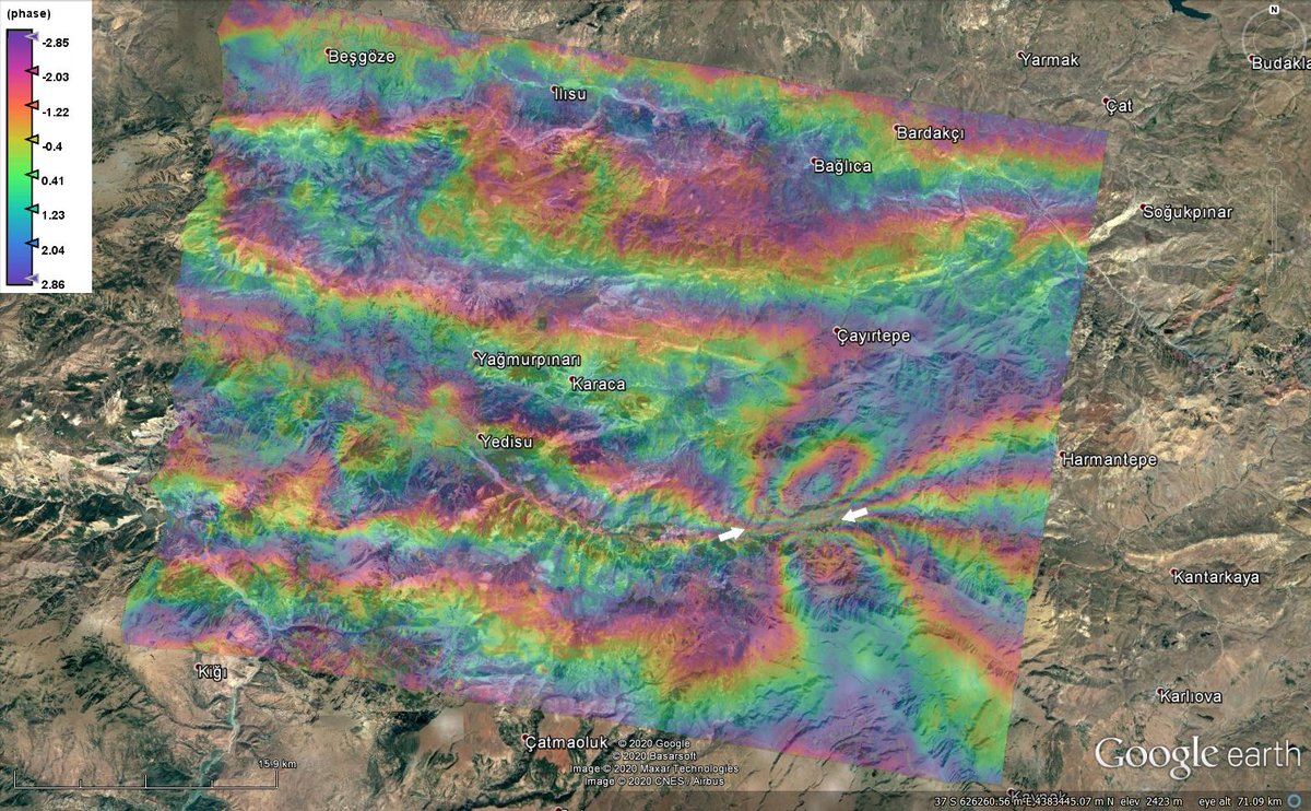 volcanatolia's tweet image. Bir küçük ek de böyle yapalım... 03.06.2020-15.06.2020(03:17) #Sentinel1 #interferogram ML:5.8(Kandilli)