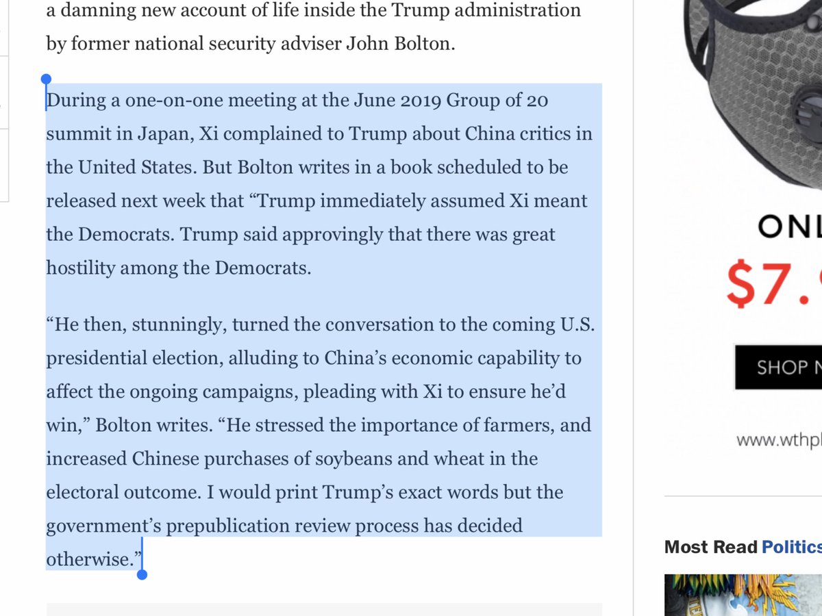 During a 1 on 1 meeting with Xi in June 2019, Trump “stunningly, turned the conversation to the coming U.S. presidential election, alluding to China’s economic capability to affect the ongoing campaigns, pleading with Xi to ensure he’d win,” Bolton writes.