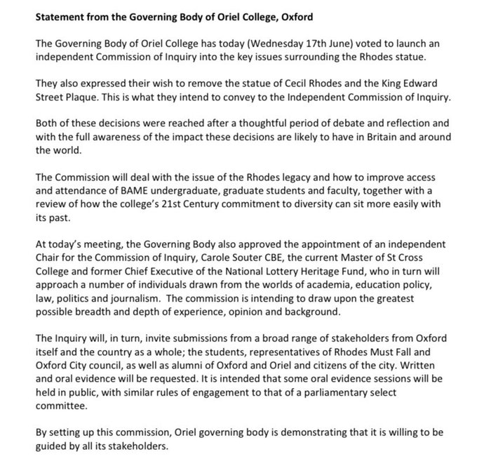 One of the positive things about this process is that there will be oral evidence sessions in public - as part of a public consultation. In this case, debate about a statue may be part of a broader debate about the late C19th history of Rhodes, Empire and the Cape Colony.