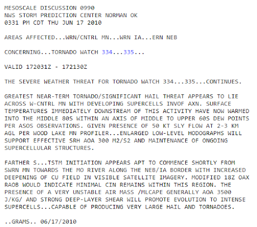 On this date in 2010: The Storm Prediction Center (SPC) issues a Mesoscale Convective Discussion at 3:30 PM CDT to reiterate the large hail and tornado threat.  #mnwx