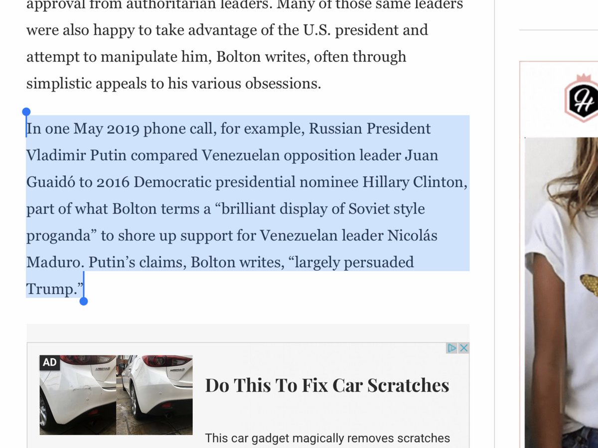 In a May 2019 phone call, “Russian President Vladimir Putin compared Venezuelan opposition leader Juan Guaidó to 2016 Democratic presidential nominee Hillary Clinton...Putin’s claims, Bolton writes, ‘largely persuaded Trump.’”