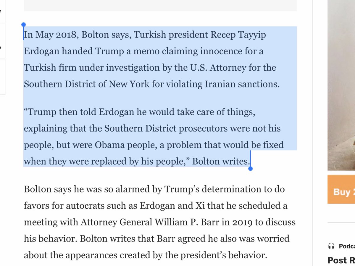 Bolton says he was so alarmed by Trump’s determination to do favors for autocrats such as Erdogan & Xi he scheduled a meeting w/AG William Barr in 2019 to discuss his behavior. Bolton writes that Barr agreed he also was worried about the appearances created by Trump’s behavior.