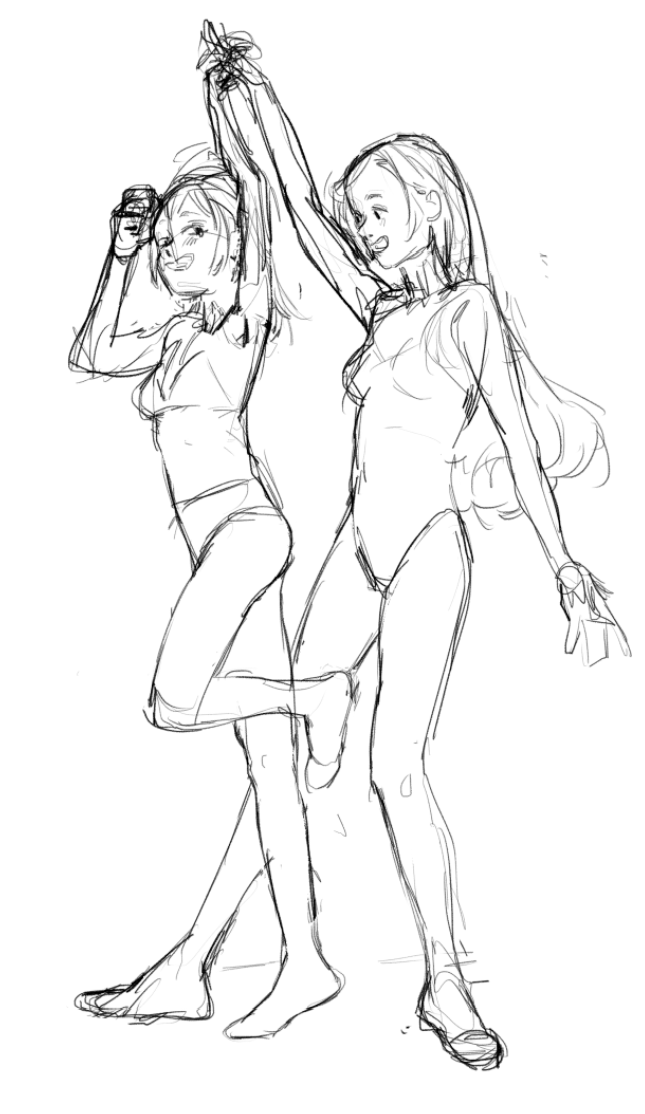 I haven't finished a big illustration for Glory and Belinda but I'm already sketching new stuff, I always draw them being cute but their plotline is actually enemies to lovers and I want to draw something cool and edgy for them too 