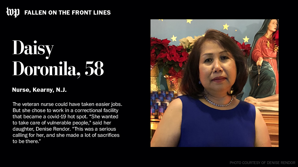The veteran nurse could have taken easier jobs. She chose to work in a correctional facility that became a covid-19 hot spot.Read more about Daisy Doronila here:  https://wapo.st/37FWOSt 