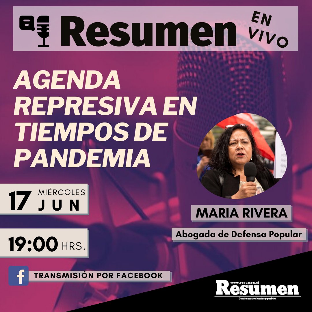 rsumen's tweet photo. 🎙🎥 #ResumenEnVivo | Hoy estaremos conversando con Maria Rivera, abogada de #DefensaPopular, sobre la agenda represiva en tiempos de #pandemia.
👉 Sintoniza a las 19:00 hrs. por nuestra página de facebook. https://t.co/RzOCWIFVXh