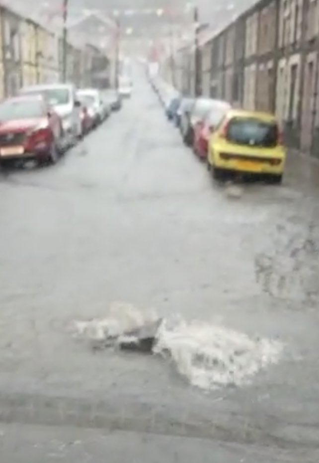 Lower Pentre in the Rhondda is getting flooded again! These families &amp; homes still haven’t recovered from Storm Dennis &amp; are still in lockdown in other family member’s homes becsuse of it. How can this happen after only 45 mins of heavy rain? It’s coming up through the manholes.