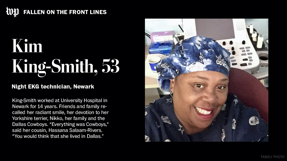 Kim King-Smith, an EKG technician from Piscataway, N.J., worked for more than a decade at University Hospital in Newark. She died of covid-19 on March 31.Read more about her here:  https://wapo.st/37CwPeV 