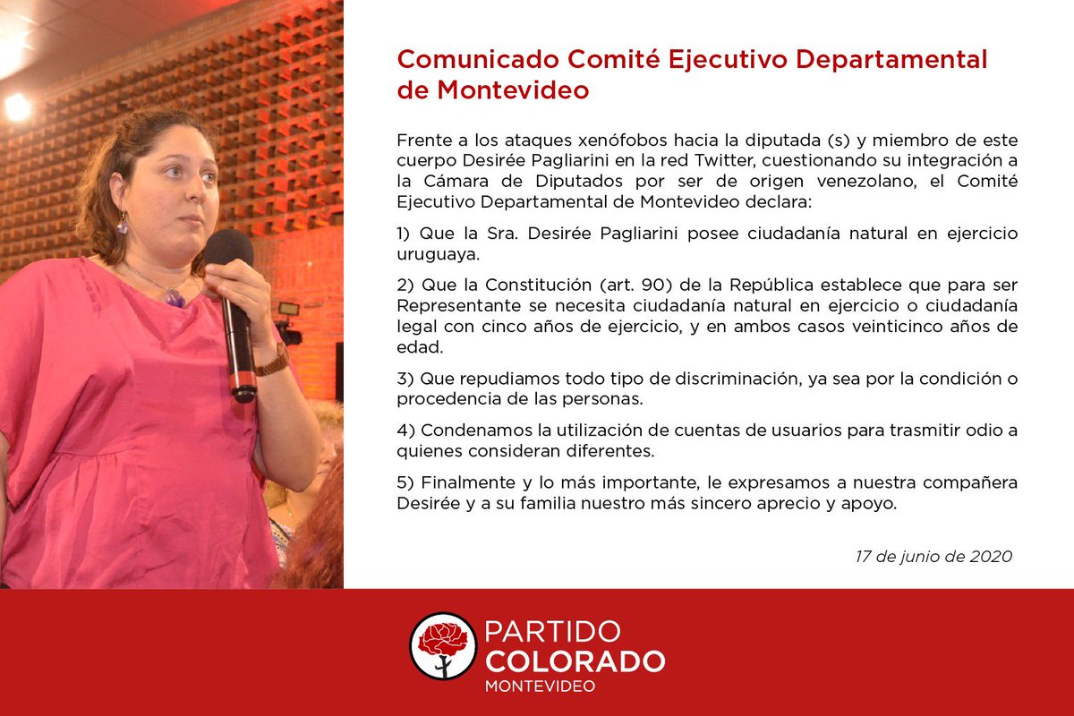 CEDMontevideo's tweet photo. Comunicado del Comité Ejecutivo Departamental respecto a los ataques xenófobos hacia @desipag . https://t.co/4ODcc9cONH