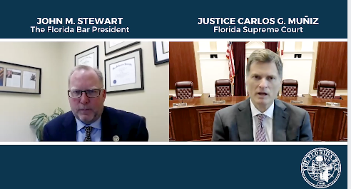 TheFlaBar's tweet photo. 2020 (VIRTUAL) FLORIDA BAR ANNUAL CONVENTION: @FlBarPresident @THE_johnstewart Interviews @FLCourts Justice Carlos G. Muñiz
Justice Muniz joins Prez Stewart to discuss life in the #SCOFL, the value of mentorships in law practice, and more!
https://t.co/oOHoBGuXbl
#MyFloridaBar https://t.co/U72IgawfkV