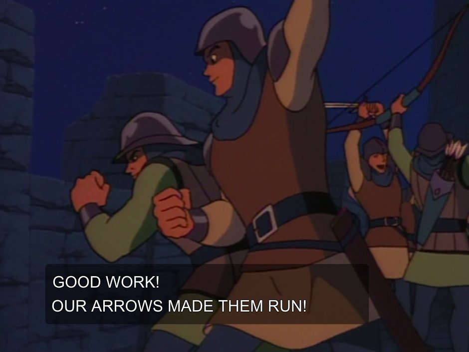 Tower guard on his first day of work who managed to sling 1 arrow in the vague direction of the invading army: I did this!! I'm special!!!Goliath: well if I say anything NOW then I'll look like an asshole