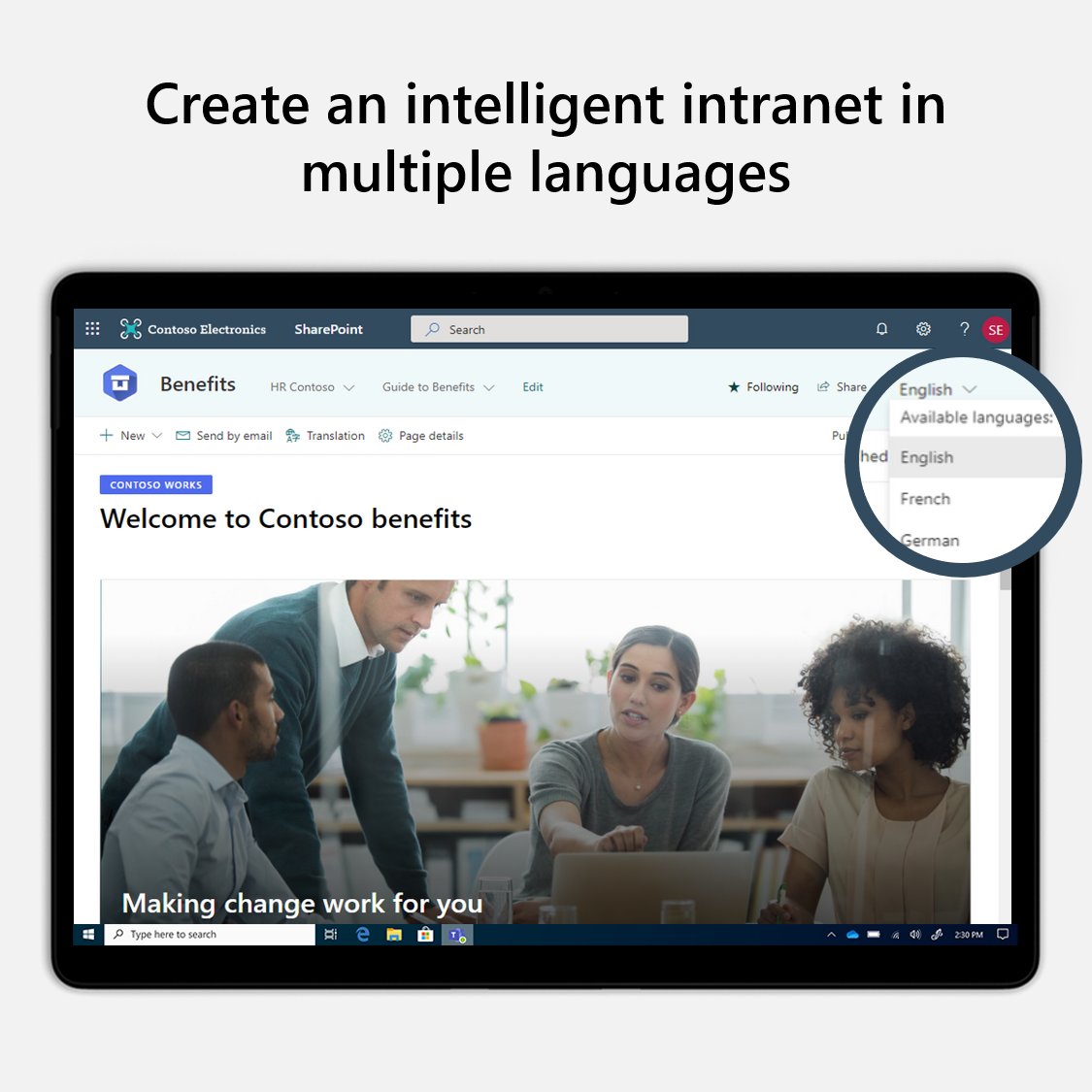 SharePoint's tweet photo. The multilingual publishing feature for #SharePoint communication sites is now available worldwide. Learn more: https://t.co/a89Vg8lyRR