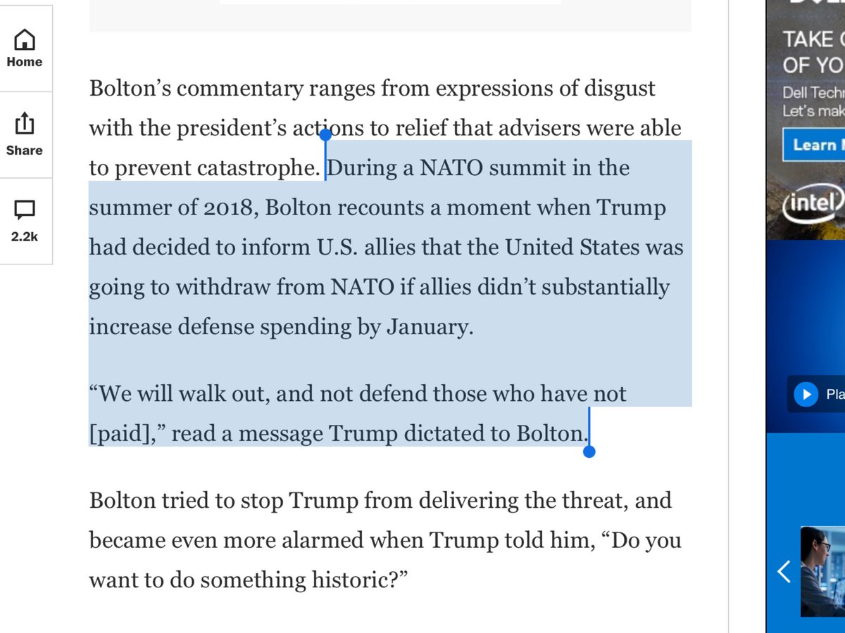 “We will walk out, and not defend those who have not [paid],” read a message Trump dictated to Bolton.