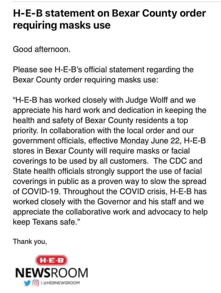 hey @HEB we want mask requirement in Travis County too please. @MayorAdler @JudgeEckhardt