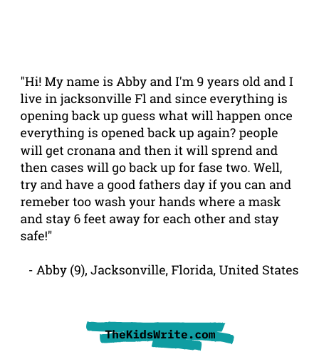 thekidswrite's tweet photo. "Everything is opening back up ..." - Abby (9), Florida
https://t.co/qLKYk0nMye https://t.co/iT7mOAYMId