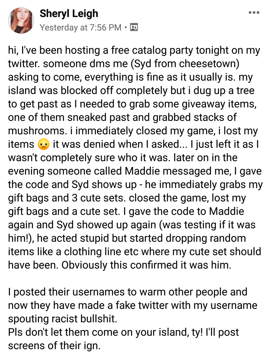 Here's a thread about how @acnhstannie @Iluvacnh123  @acnhacab &  @qt_syd repeatedly go onto people's islands and steal items.They've stolen from a bunch of accounts, bully, create fake profiles of accounts, and are racists.