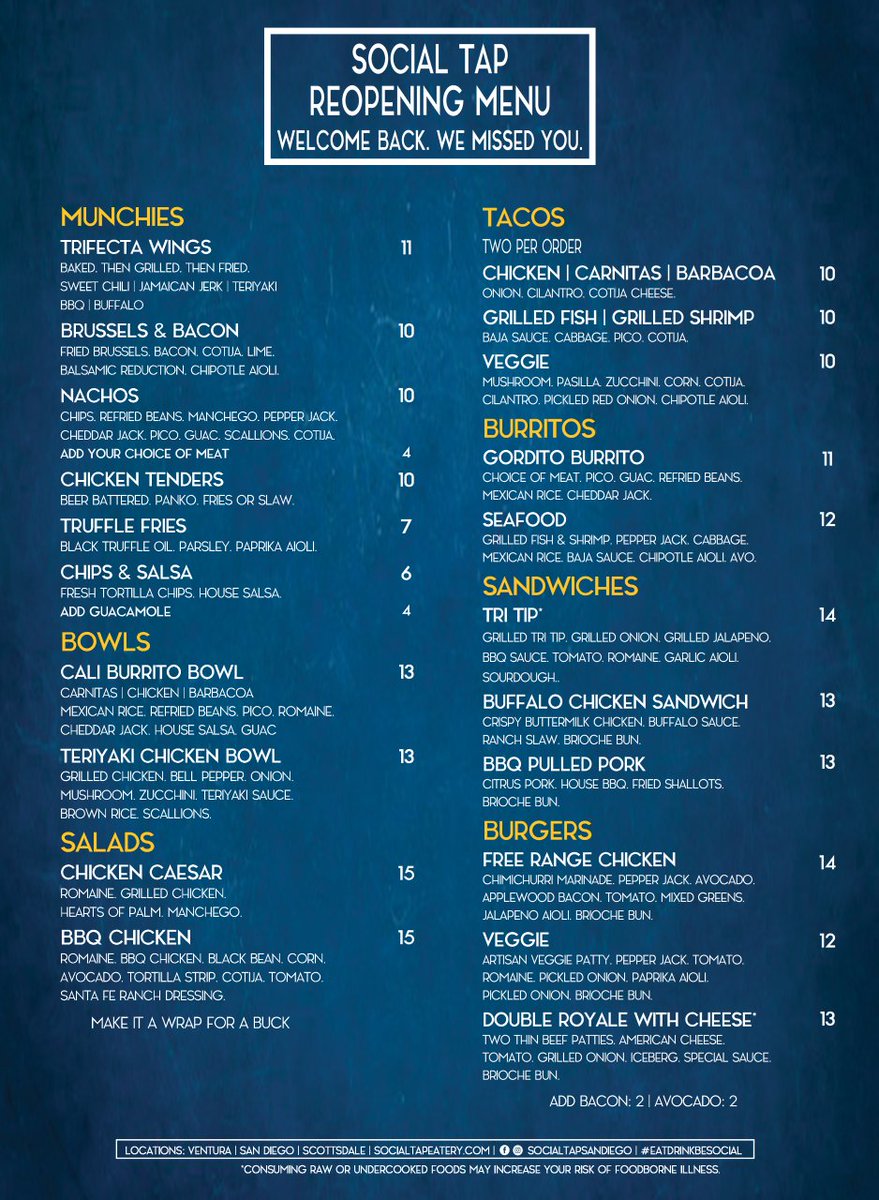 WE ARE OPEN FOR DINE IN!

Come join us for an afternoon Cocktail and Nachos!

We also have our $50 Taco Bar available Every Day! 

Call it in (619-398-8938) or Order Online: socialtapeatery.com

#socialtapsandiego #downtownsd #eastvillagesd