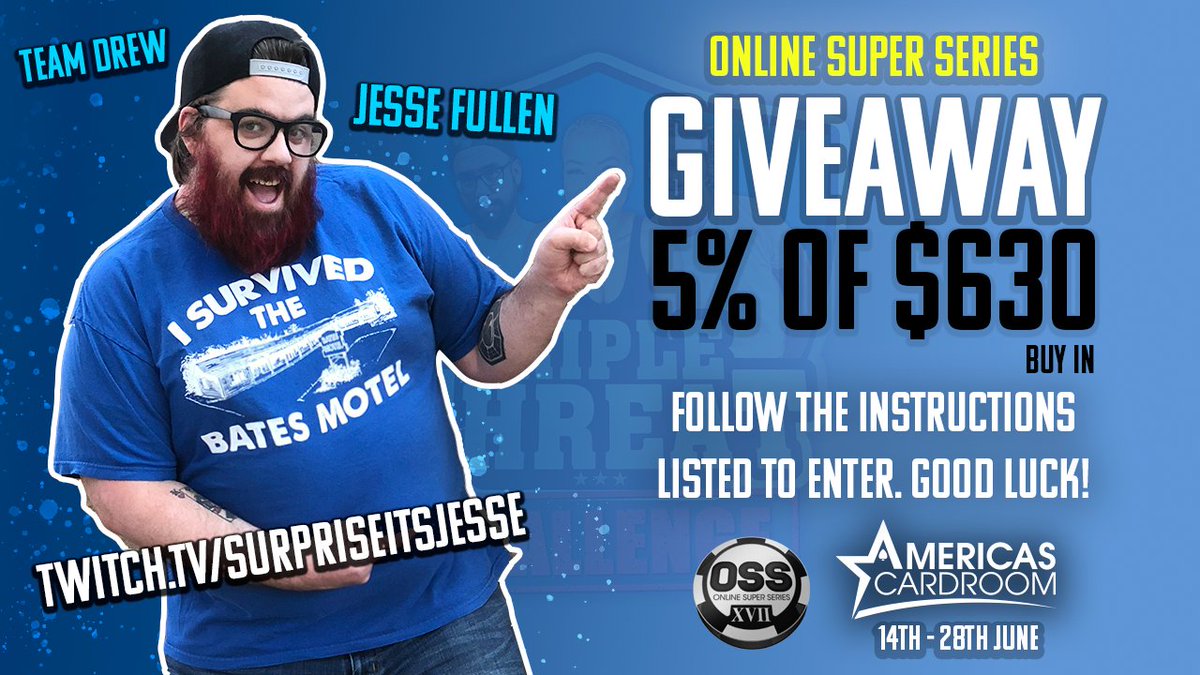 I'm giving away a 5% sweat in the OSS #56 - $30,000 GTD - PLO8 6-Max KO event on Americas Cardroom &amp; will be streaming it LIVE on twitch.tv/surpriseitsjes…

TO ENTER:

1) FOLLOW ME  &amp; <a href="/ACR_POKER/">ACR Poker</a> 
2) Like + Retweet this tweet

Winner announced day of the event!

#OSSXVII #Giveaway