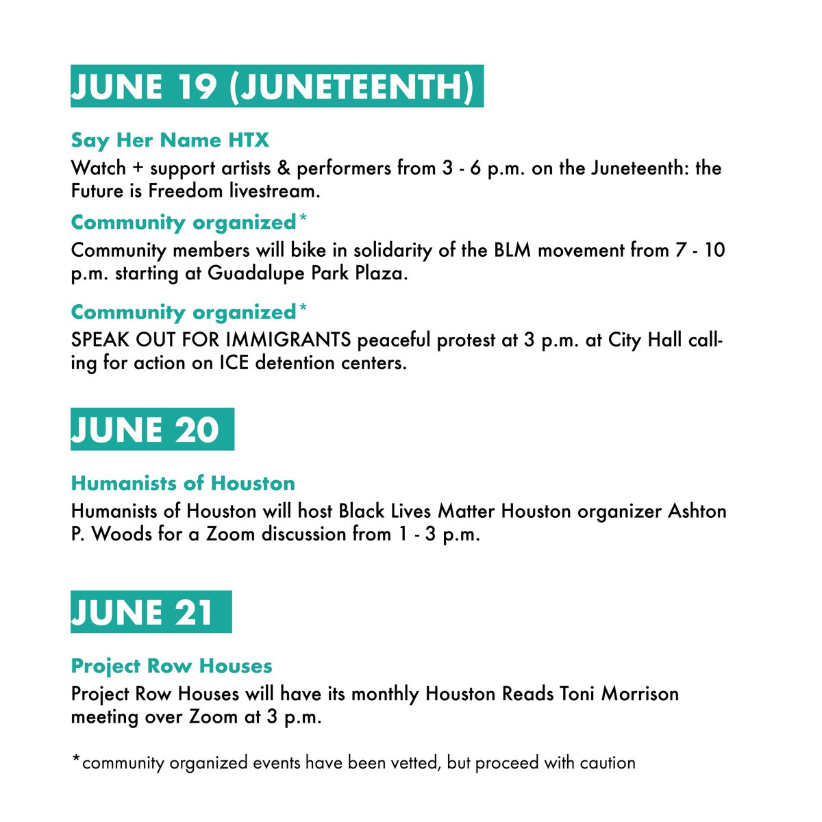 mutualaidhou's tweet photo. HOUSTON: This is a marathon, not a sprint. There are so many ways for you to help out in the fight for justice! 📢📢We've put together a g-calendar that you can add to keep track of action items to tap into, a Google Doc with resources + event details, and this graphic to share! https://t.co/XLRvbWL8NX