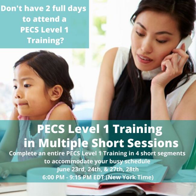 Unable to attend a full two day #PECSTraining? Pyramid is offering a 4 day Remote PECS Level 1 Training with shortened segments on June 23rd, 24th, 27th &amp; 28th from 6:00 pm – 9:15 EDT. To Register Visit: pecsusa.com…/pecs-level-1-training-philadelphia-p…/