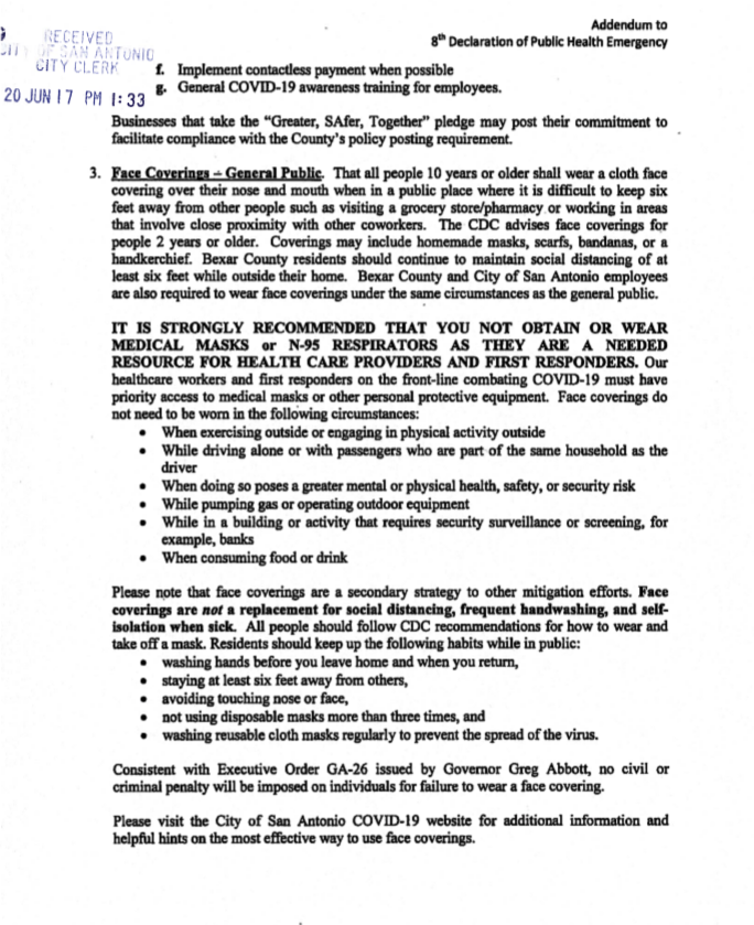 Ron_Nirenberg's tweet photo. I've issued an addendum to San Antonio's standing emergency order, adopting elements of @Judge_wolff's NW-10.

This requires that all businesses in San Antonio require face coverings of their employees and visitors where appropriate physical distancing is not possible. https://t.co/8ZVATpIrP5