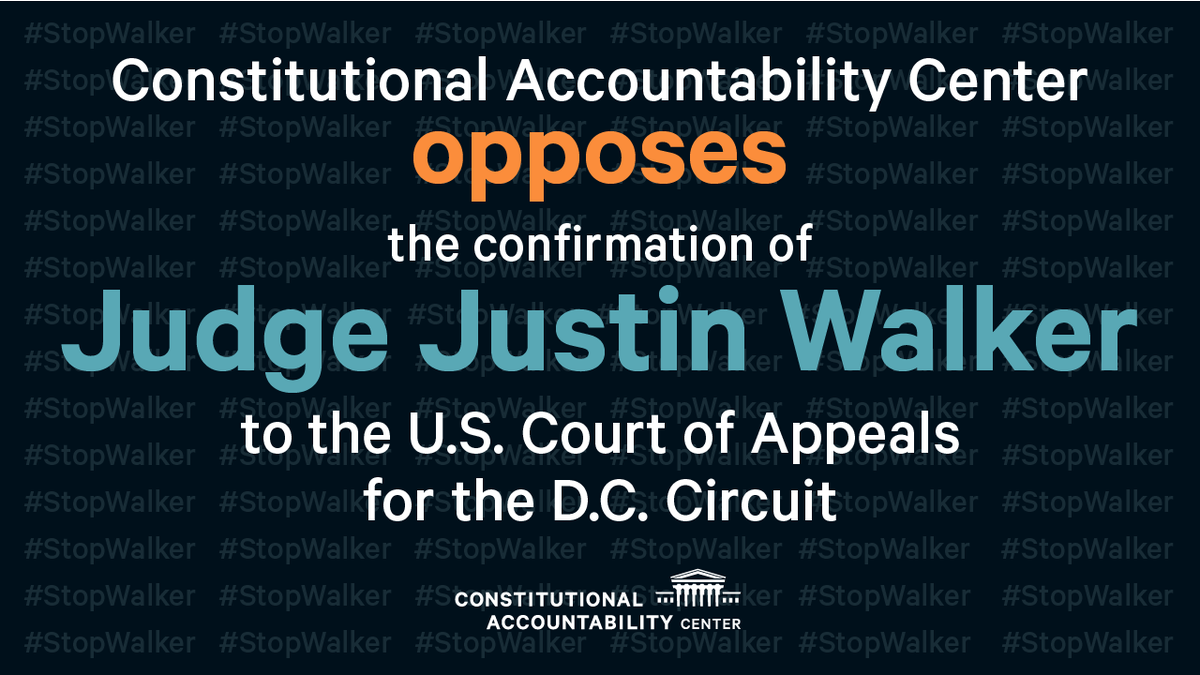 MyConstitution's tweet photo. Judge Walker has not distanced himself sufficiently from his political ideology of the past. Therefore he cannot be counted on to serve as an impartial judge on the D.C. Circuit. Read @MyConstitution’s letter opposing his confirmation here: https://t.co/lBXMSLaZeJ
#StopWalker https://t.co/BmfLLb0syE