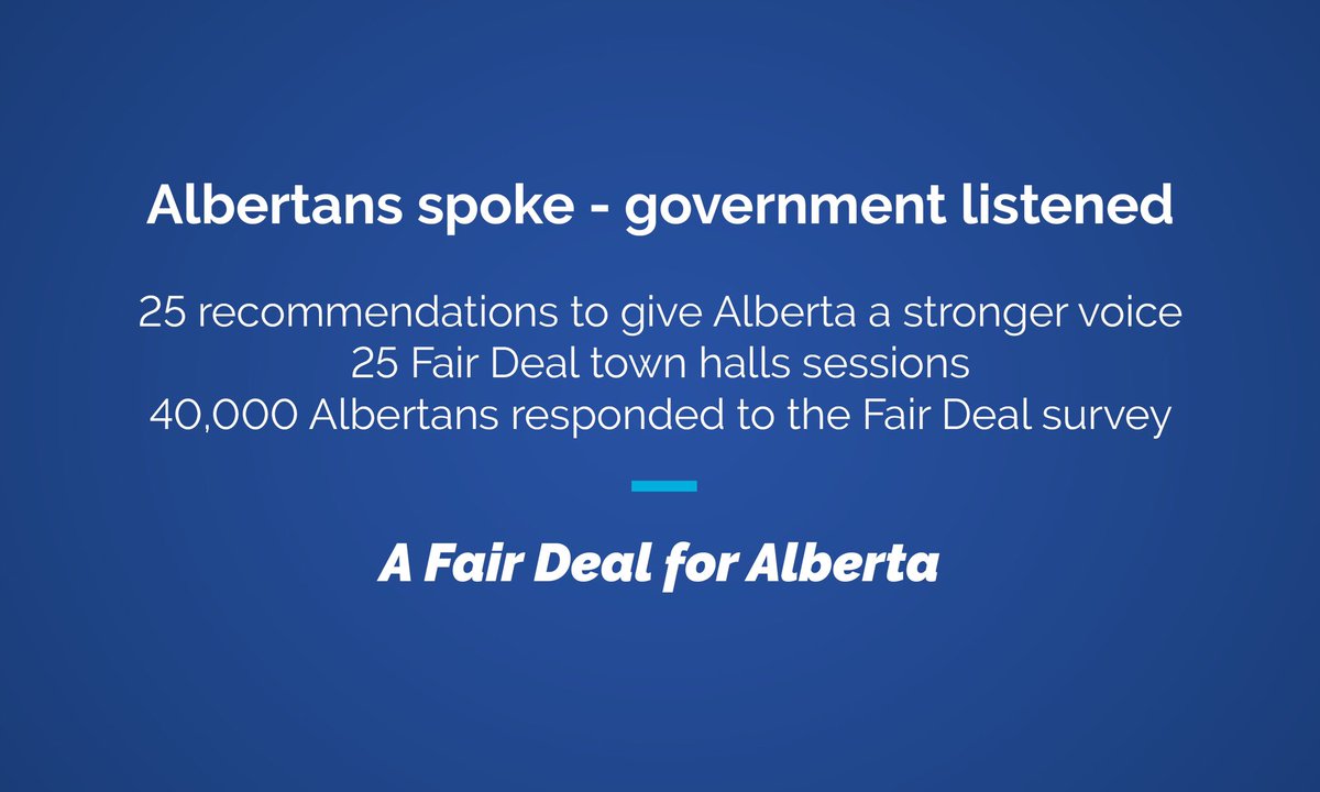 The Fair Deal Panel report has been released.It has 25 recommendations to give Alberta a stronger voice in the federation.I’d like to thank the Fair Deal Panel and the thousands Albertans who took time to give us their input. https://www.alberta.ca/announcements.cfm?xID=72626A5FFC097-955A-0B7C-4A8D246A4D982021