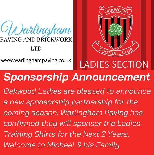 📣 SPONSOR ANNOUNCEMENT 📣

Tonight we are pleased to announce Warlingham Paving have agreed to sponsor our Ladies Team, they will become our Training Top Sponsor for the next 2 Years. Welcome to our great club Michael &amp; Familu @warlinghampavingltd <a href="/OakwoodFC/">Oakwood FC</a> <a href="/SECWFLnews/">SECWFL</a>