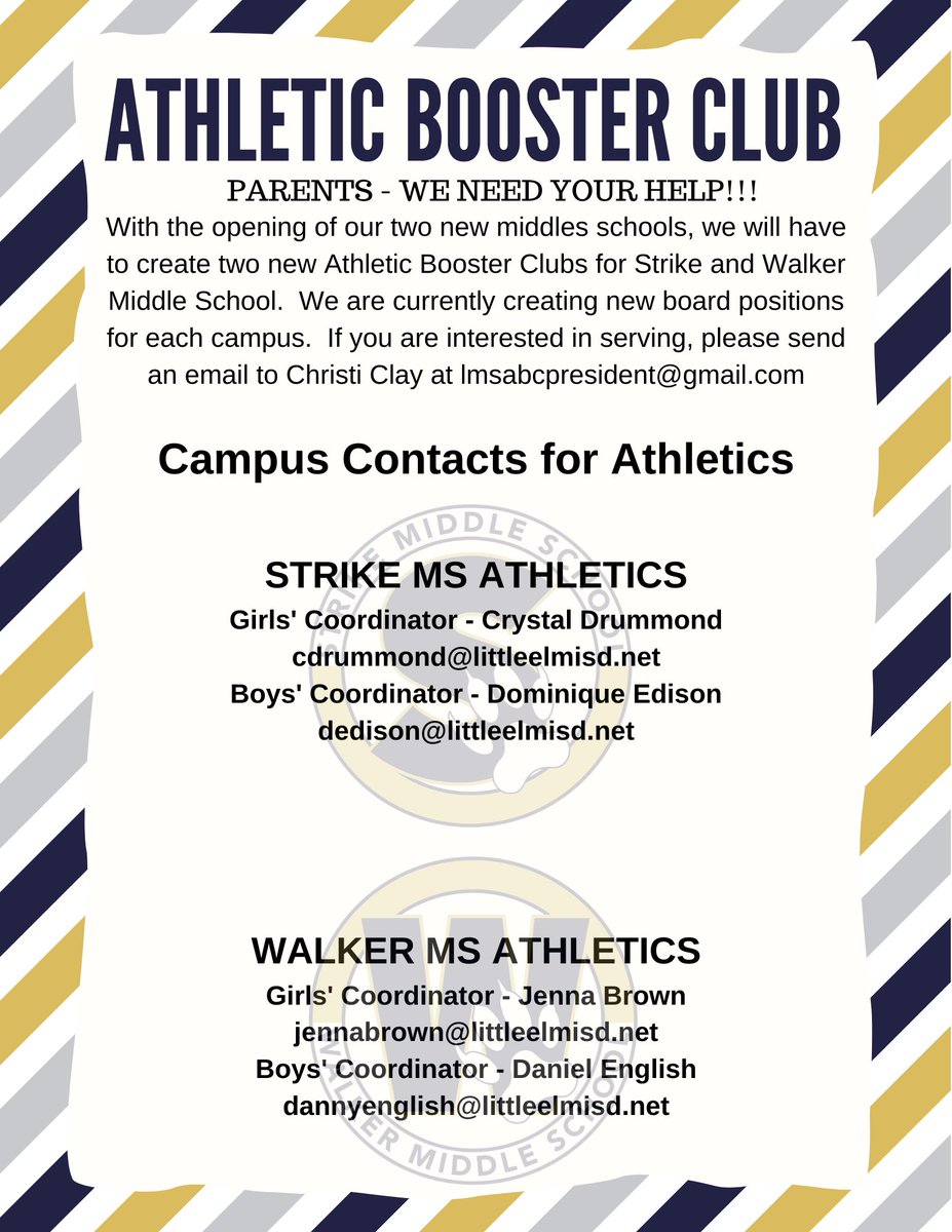 Please see the attached Athletics information:
#WeRWalker #golobos 
<a href="/leisd/">Little Elm ISD</a> <a href="/LEISDAthletics/">LEISD Athletics</a>