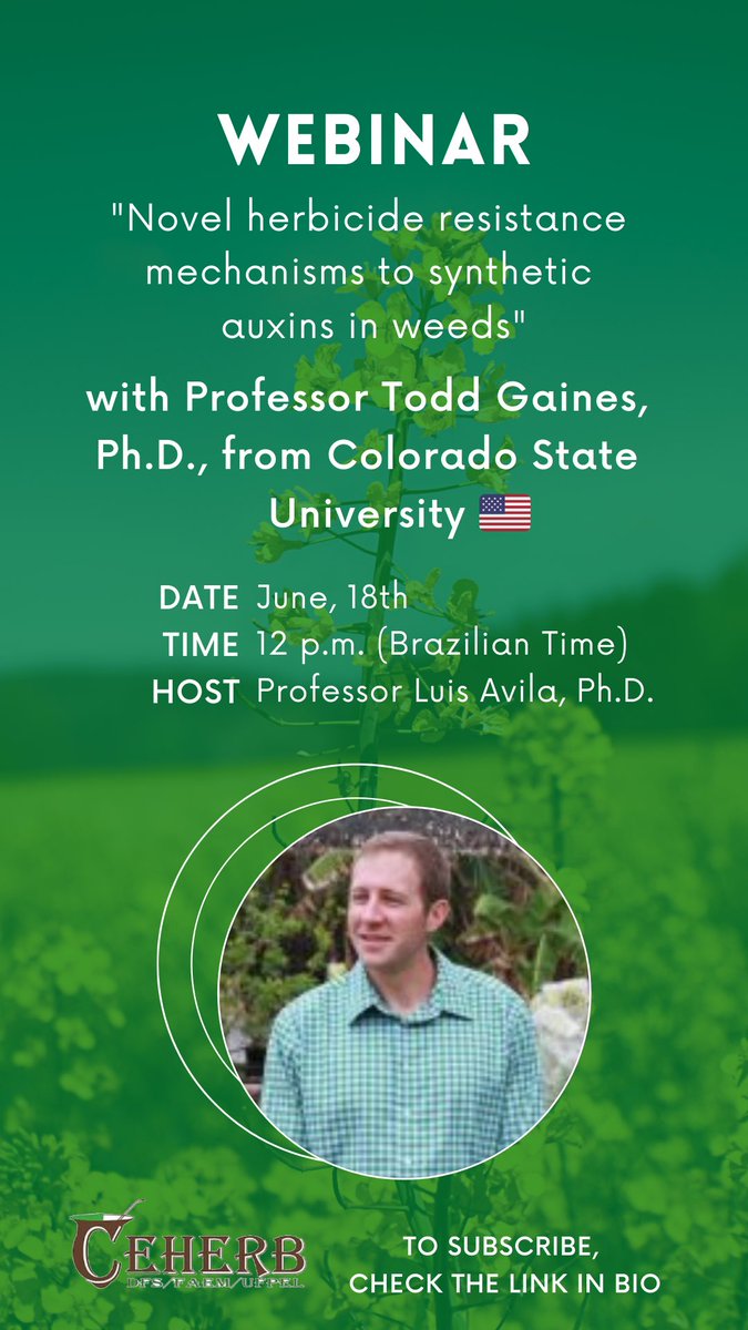 Tomorrow, we will have a webinar with Dr. 
<a href="/Gaines_ToddA/">Todd Gaines</a>
 on Novel Herbicide Resistance Mechanism for Synthetic Auxin in Weeds. I will be hosting the webinar and invite everyone to register wp.ufpel.edu.br/ceherb/program…