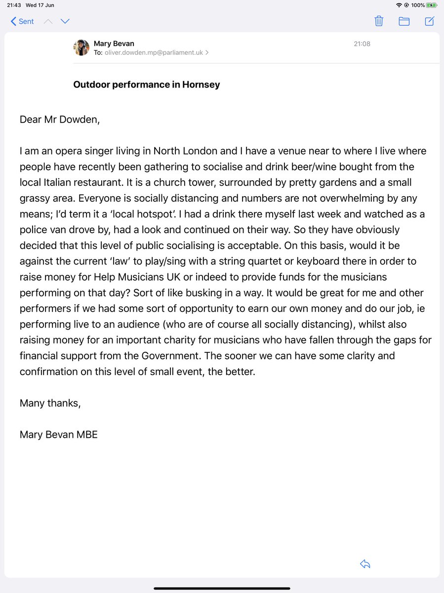 MaryCBevan's tweet image. I just emailed @OliverDowden this letter and I REALLY hope he replies or gives us performers some clarity VERY soon - if we could start putting on small outdoor informal concerts then music could come alive locally and money could start being earned/raised @HelpMusiciansUK