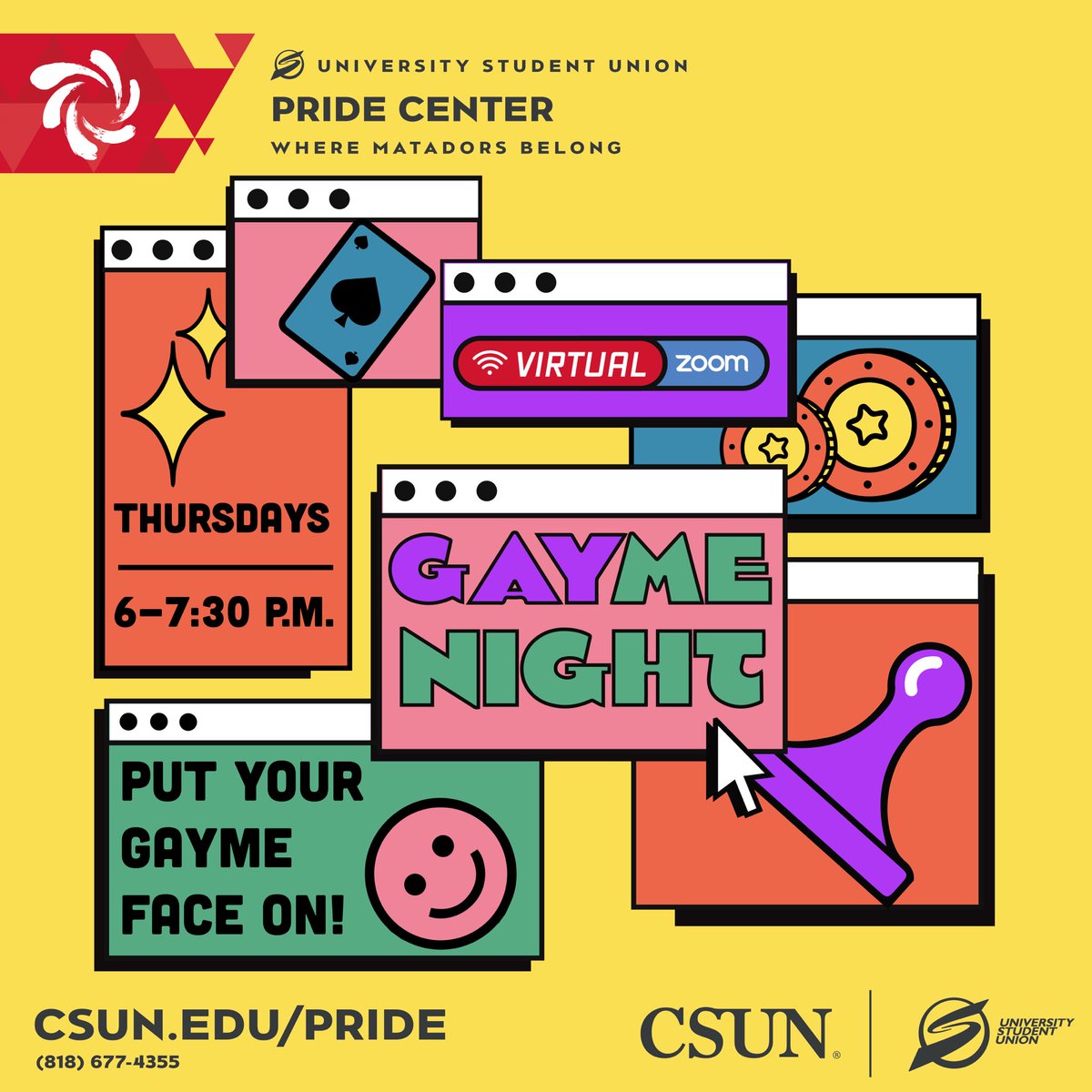 CSUNPrideCenter's tweet photo. 🗣Calling all GAYmers: Join us on Zoom every Thursday @ 6 pm to go head-to-head with other LGBTQIA+ Matadors in a variety of fun games. It’s a great way to socialize while you’re in self-quarantine!🎲 https://t.co/NNTCxDYw5u