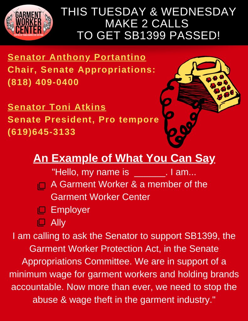 MostProminentCo's tweet photo. #SB1399 needs to get passed for garment worker protection in California! 

Please sign the petition and call these senators.

https://t.co/QzTDc0KUux https://t.co/3MS0tvq6uQ