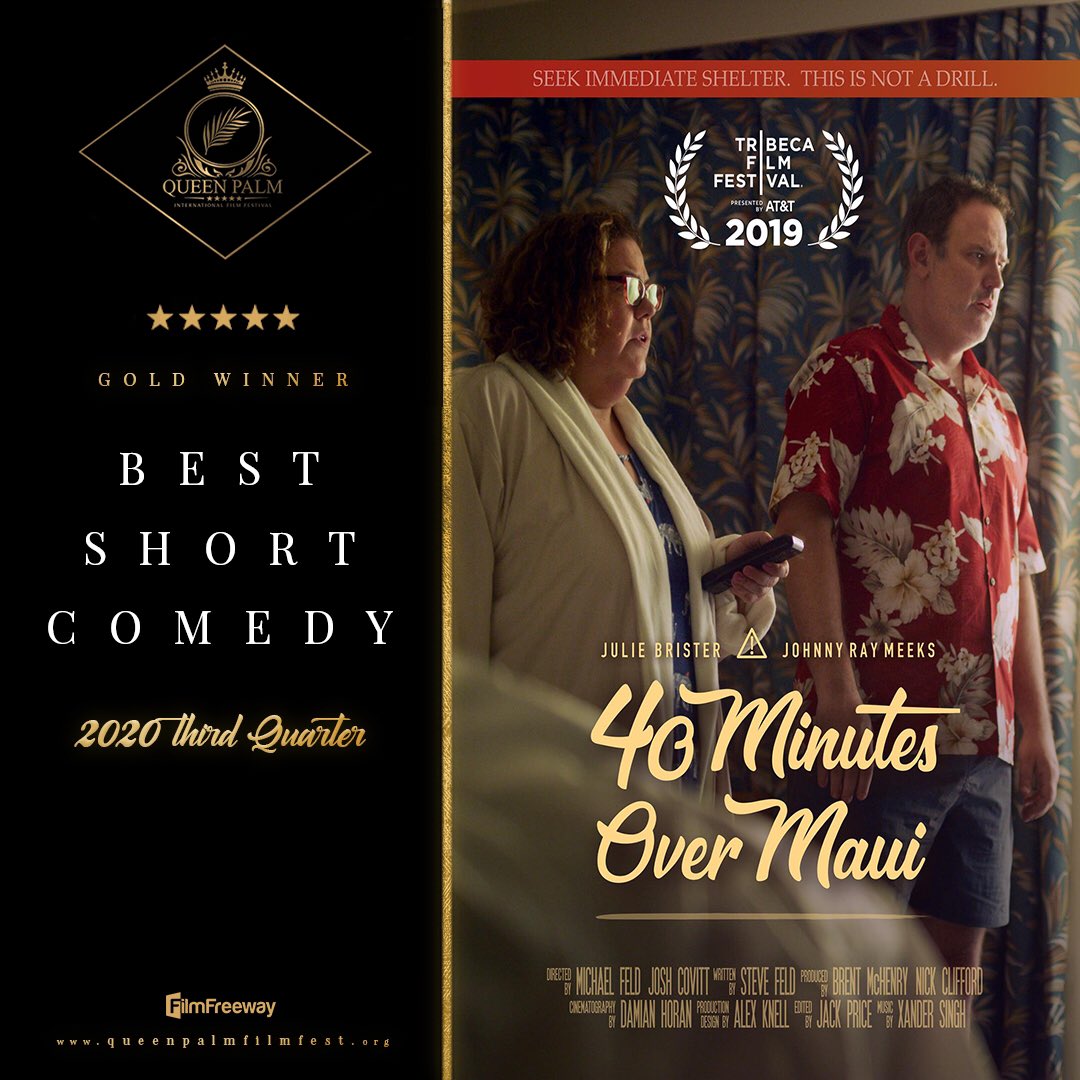 queenpalmfest's tweet photo. Congratulations are in order! 🍾🎉#GoldWinner for #BestShortComedy also goes to @40Maui
Directed by #MichaelFeld
Starring 🌟 #JulieBristerimdb & #JohnnyMeeks
#QueenPalmFilmFest2020
4th & Final Quarter Edition is open only on @filmfreeway until July 30th
#QPIFF2020 https://t.co/QfO83MYfBL