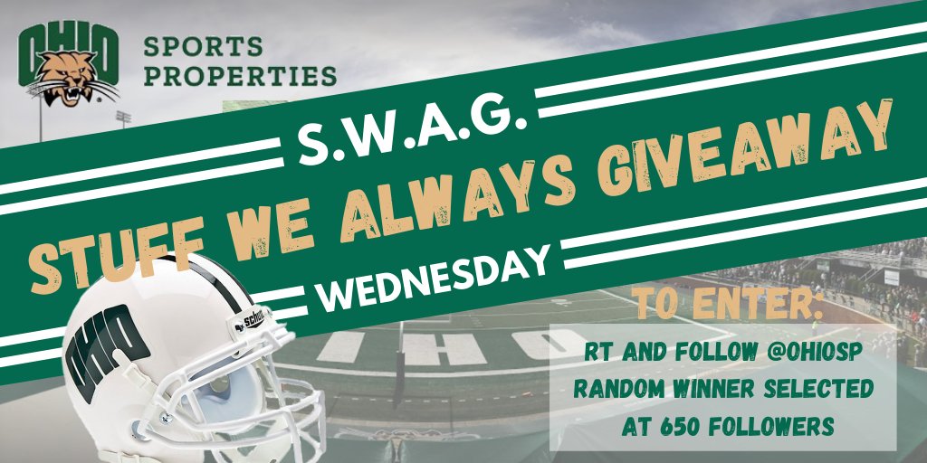 OhioSP's tweet photo. It's S.W.A.G. Wednesday which means it's time for a Bobcat #giveaway! To win an authentic #OHIO football mini-helmet: 1) RT and 2) Follow @OhioSP. We will be choosing a winner at random when we reach 650 followers. Good luck!😼 https://t.co/pMuBGS9v85