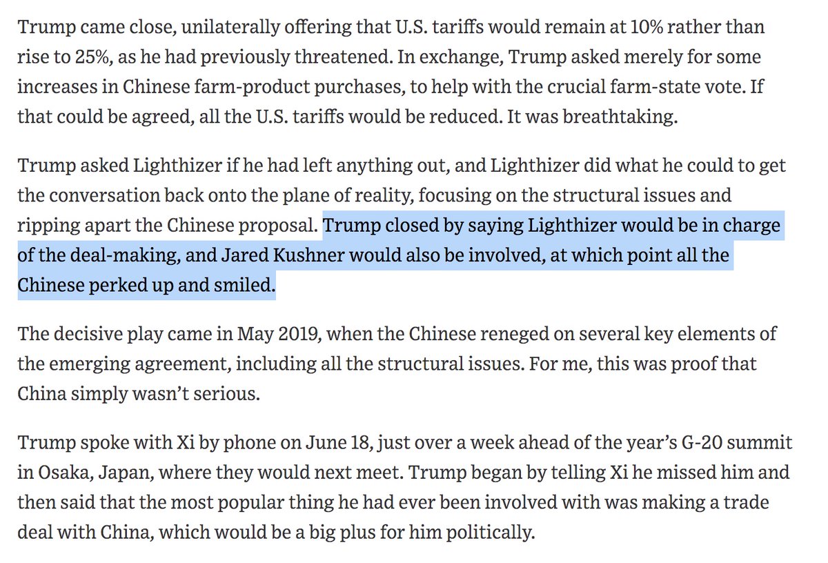 5. Details from Bolton book excerpt on how Trump caved to Xi on trade in order to get minor farm purchases from China to secure farm-state votes. Note how all the Chinese officials "perked up and smiled" when Trump said Kushner would help w/ negotiations.  https://www.wsj.com/articles/john-bolton-the-scandal-of-trumps-china-policy-11592419564