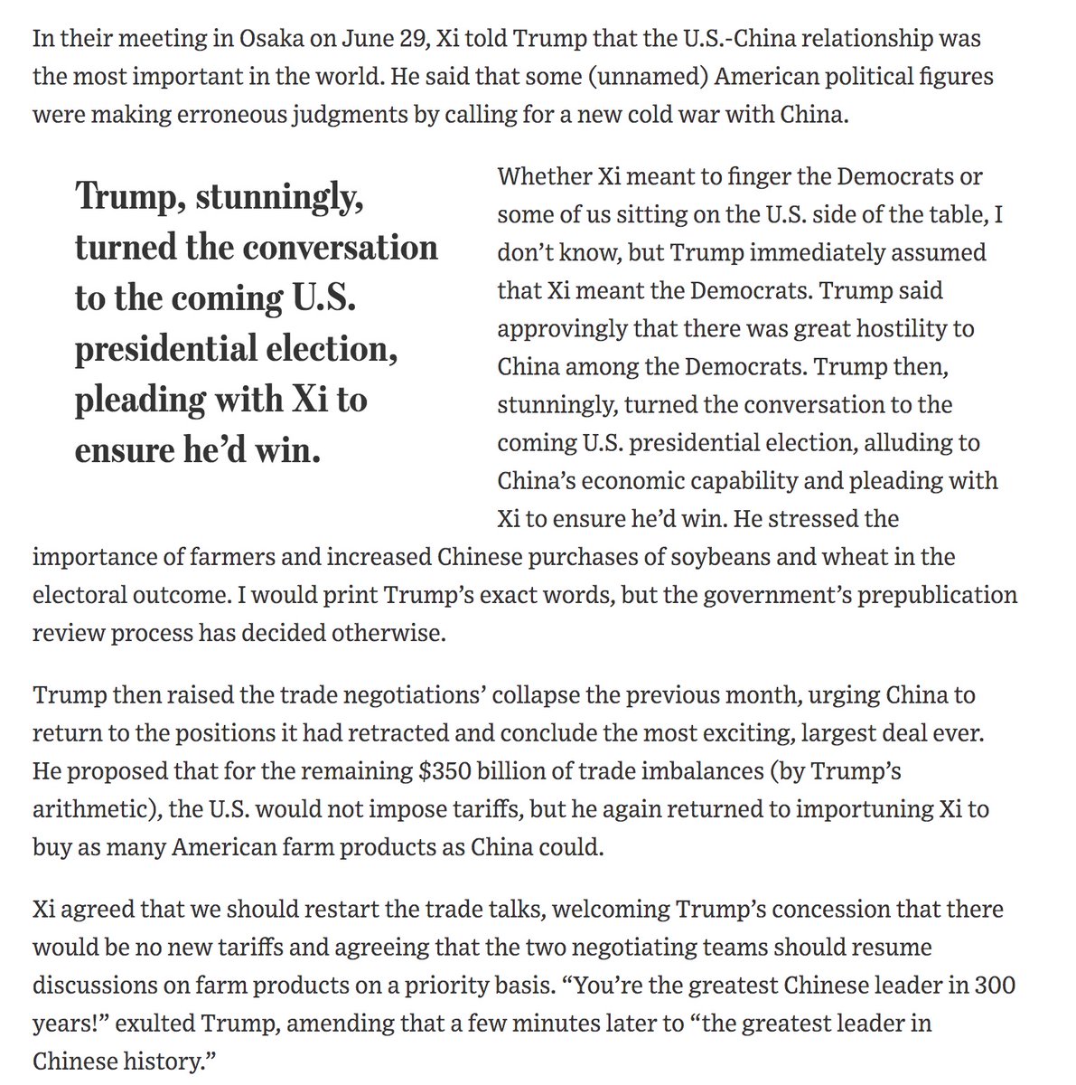5. Details from Bolton book excerpt on how Trump caved to Xi on trade in order to get minor farm purchases from China to secure farm-state votes. Note how all the Chinese officials "perked up and smiled" when Trump said Kushner would help w/ negotiations.  https://www.wsj.com/articles/john-bolton-the-scandal-of-trumps-china-policy-11592419564