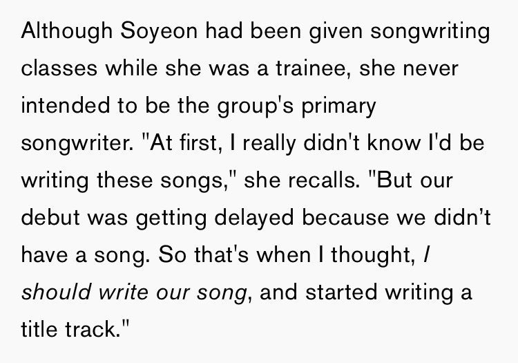 cube was delaying idle's debut bc they couldn't set on a song for them, soyeon stepped in to produce and compose latata as their debut song.latata won 3 music show awards, getting their first win 20 days after debut!