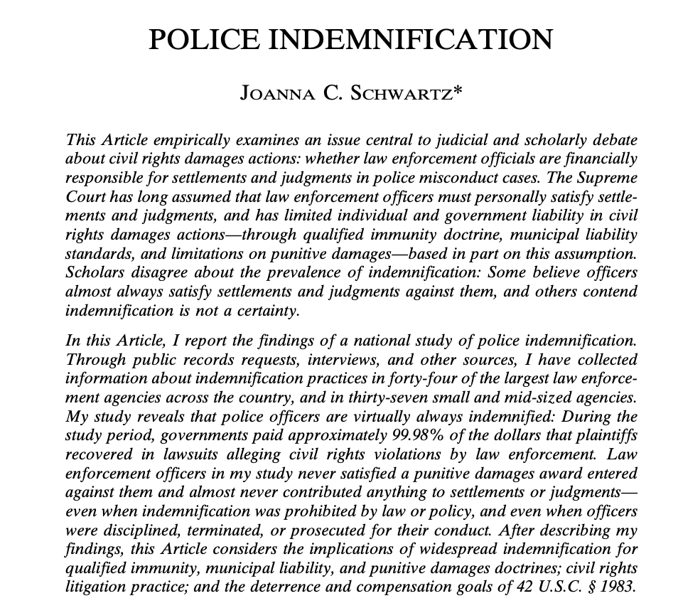 I agree that many other factors--not just qi--limit lawsuits' power & have studied some that Epps describes-officers are usually indemnified, police budgets are insulated from lawsuit costs, & there are other barriers to relief, including the Court's 4th Amendment standards. 2/7