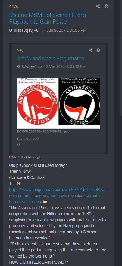 Q post 4476The Globalists are using the same strategy they used in the 1930s with Hitler and Germany, but they are attempting to use it against the USA. The evil of these people know no end. They are willing to murder millions to recapture power.  https://www.theguardian.com/world/2016/mar/30/associated-press-cooperation-nazis-revealed-germany-harriet-scharnberg