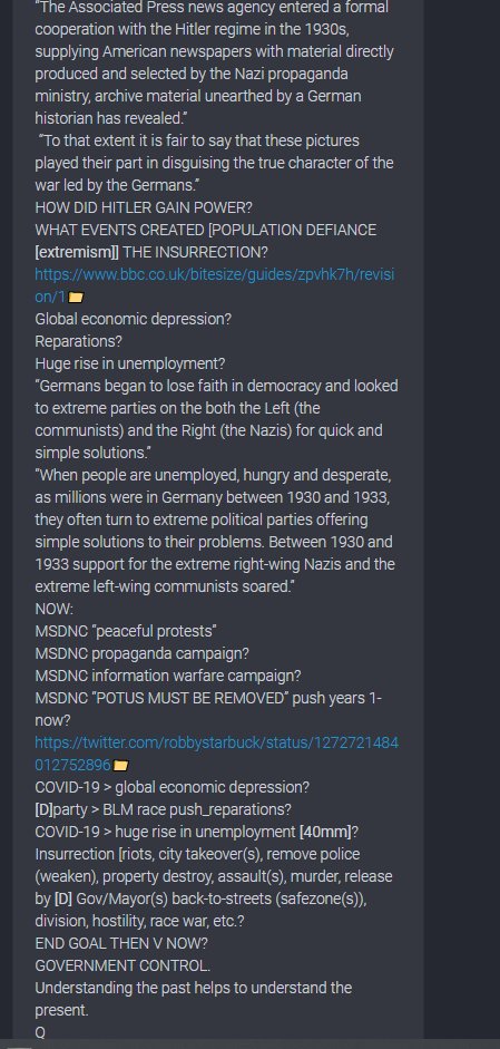 Q post 4476The Globalists are using the same strategy they used in the 1930s with Hitler and Germany, but they are attempting to use it against the USA. The evil of these people know no end. They are willing to murder millions to recapture power.  https://www.theguardian.com/world/2016/mar/30/associated-press-cooperation-nazis-revealed-germany-harriet-scharnberg