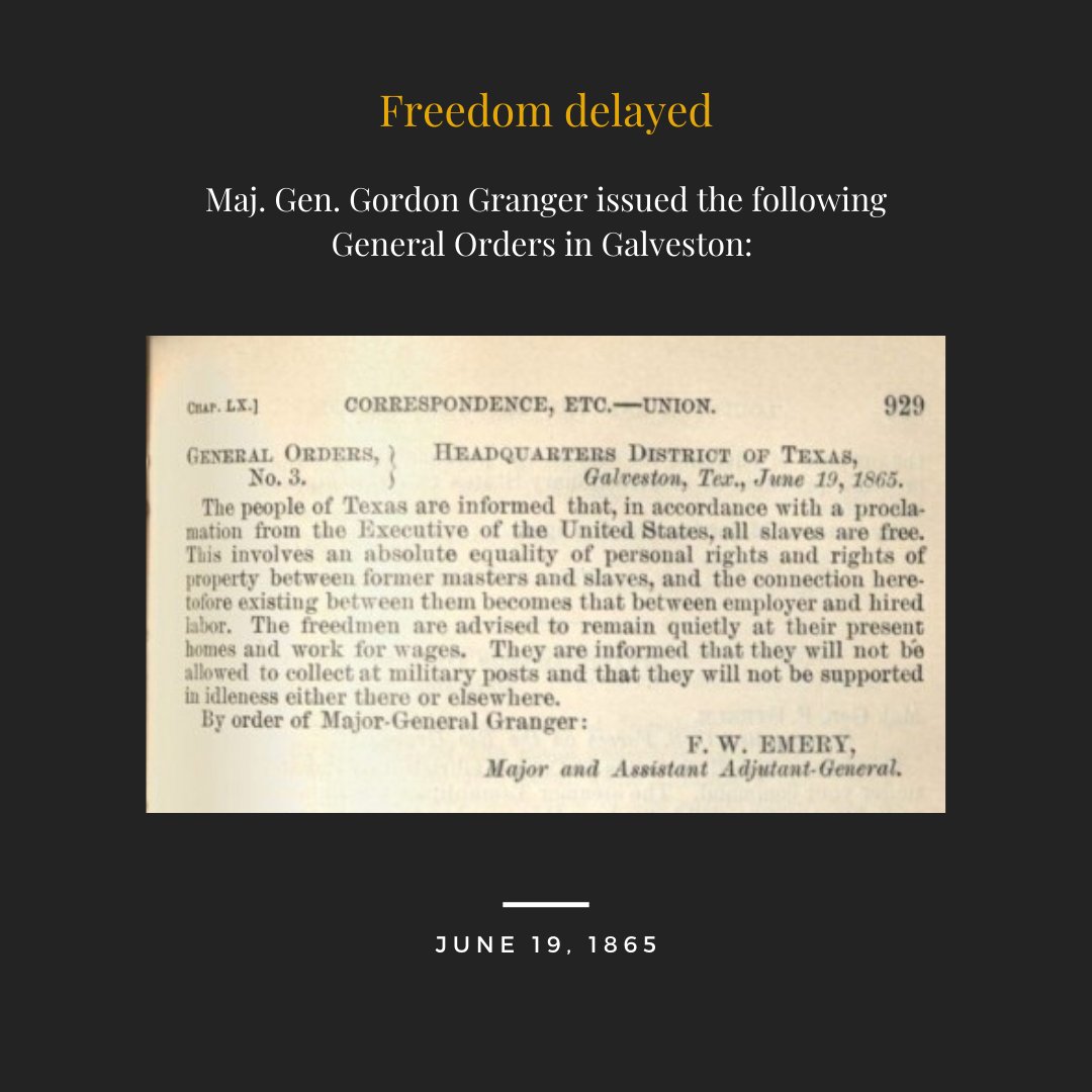 Gen. Gordon Granger delivered the news in  #Galveston on June 19, 1865: “The people of Texas are informed that, in accordance with a proclamation from the Executive of the United States, all slaves are free.”(3/23)