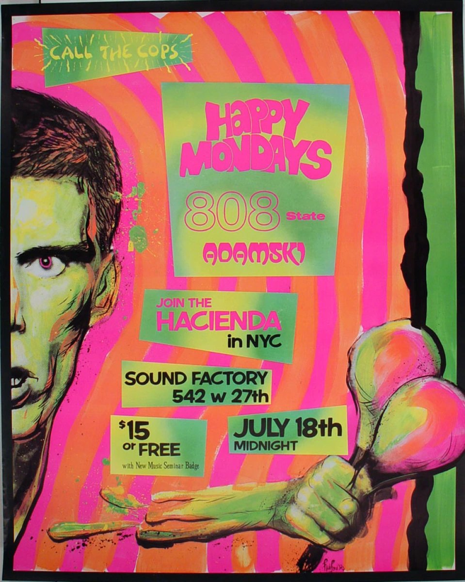 MrSandyRich's tweet photo. @PaulPickford7 I've just been admiring a poster from 1990 (image attached) and noticed the illustration was signed "Pickford". Although the poster is for a gig in New York, because of the acts' Manchester connections I wondered if you might be the designer? https://t.co/FfGlpP3ZVw
