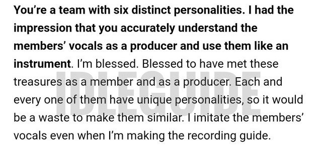 soyeon admires idle as a member and as a producer. she treasures their distinct voices and personalities by matching them with the right verses, along with planning stages that shine each one of them! cr. idleguide