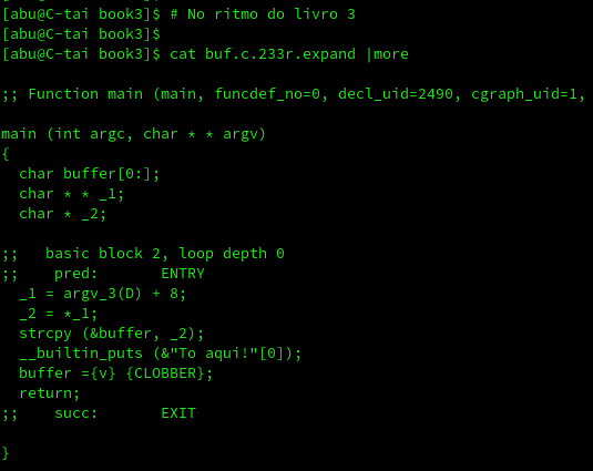 Diário do Livro 3:
hoje foi dia de escrever sobre a representação em baixo nível do funcionamento das instruções de um código em C.

#Hacking #infosec #CyberSecurity #Exploit #ctf #ReverseEngineering #exploitation #redteam