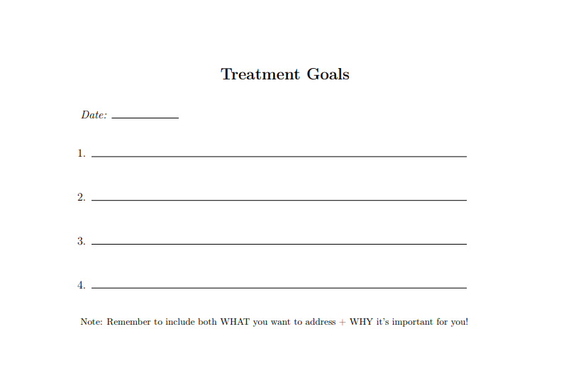 Treatment Goals: this one is huge. be rdy to tell your doctors what is most important for you to get help with. most useful format is like: "reduce the severity of symptom x because x impacts y" or "figure out the cause of symptom a (which impacts b), so we can find treatment".