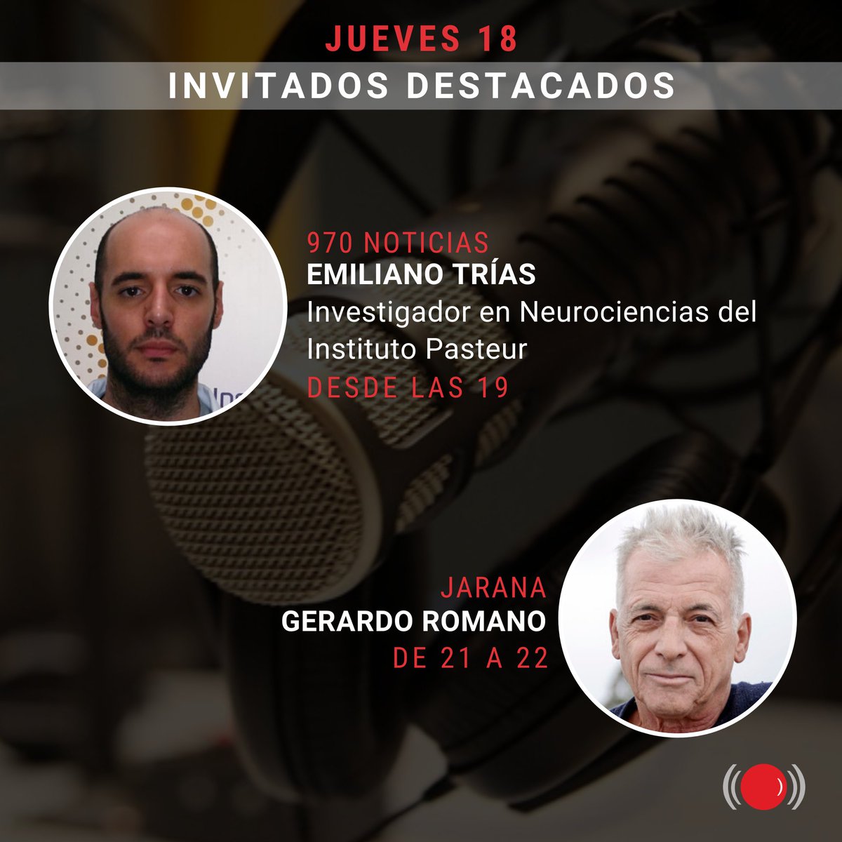 universal970's tweet photo. ➡️ Emiliano Trías, investigador en Neurociencias del Instituto Pasteur, en @970noticias 
➡️ El actor @gerardoromanook  en @jaranaweb 
➡️ @ElPineyrua en @despegados6 
➡️ "Boca" Arias, representante de futbolistas, en @GMedianoche https://t.co/Oq1gPoip7B