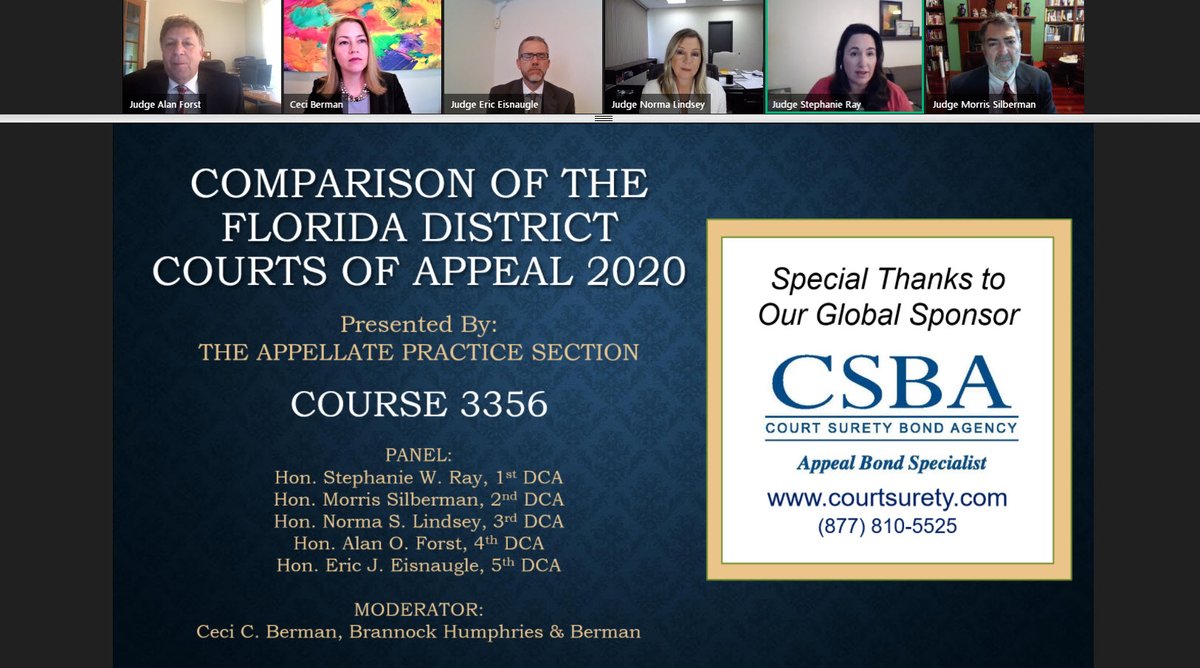 FlaBarAppellate's tweet photo. Next, amazing 2 hour CLE covering practice variations between the @1dca_flcourts @2dca_flcourts @3dca_flcourts @4dca_flcourts and @5dca_flcourts, moderated by the ever awesome Ceci Berman
#MyFloridaBar #VirtualAnnualMeeting #APSRocks https://t.co/T8ovU16Vjk